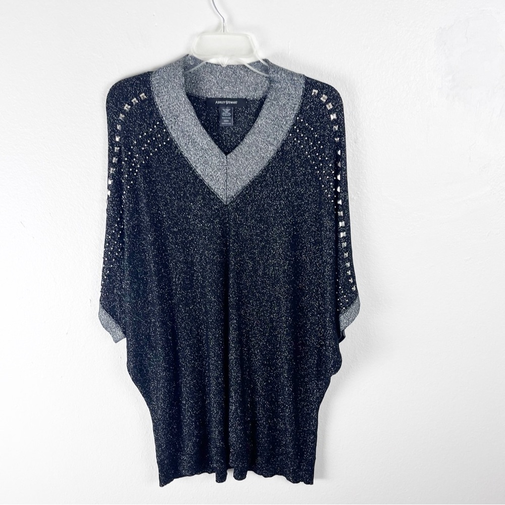 ASHLEY STEWART Black Silver Metallic Studded Dolman Sleeves V-NeckTop Size 22/24